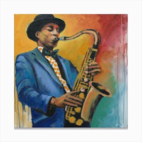 An art print showcasing an expressive and vibrant portrait of a street musician playing a saxophone, capturing the soulful energy of live music. This dynamic and culturally infused art print is perfect for music enthusiasts and those who seek to infuse their space with the spirit of jazz and artistic expression. Canvas Print