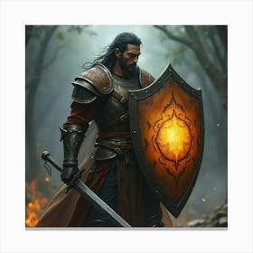 A Warrior With An Enchanted Shield Glowing In Battle 1 Canvas Print