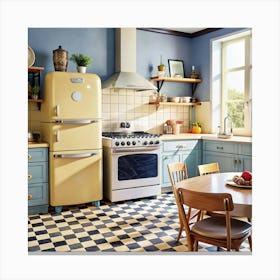 A retro-style kitchen with pastel colors, checkered flooring, and appliances. Canvas Print