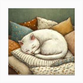 White Cat Sleeping On Pillows Canvas Print