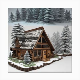 Small wooden hut inside a dense forest of pine trees with falling snow 4 Canvas Print