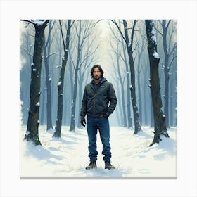 Watercolor Portrait Of Keanu Reeves Standing In A Serene Winter Forest Canvas Print