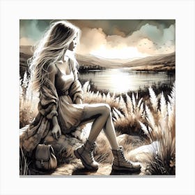 Girl Sitting In Grass Canvas Print