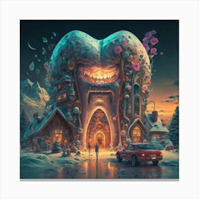 , a house in the shape of giant teeth made of crystal with neon lights and various flowers 8 Canvas Print
