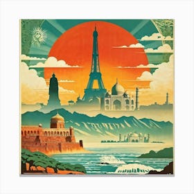 A Vintage Travel Poster Features A Collage Of Major Historical Landmarks From Different Continents (5) Canvas Print