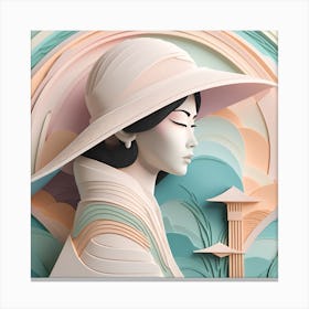 3D, Asian Woman In Hat Pastel Canvas Print