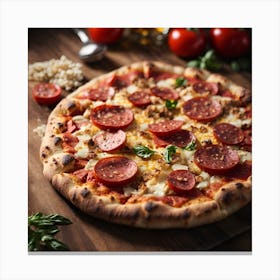 Pepperoni Pizza On Wooden Table Canvas Print