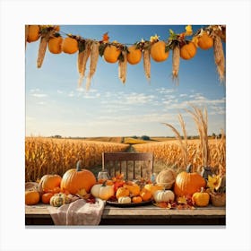 Autumnal Harvest Scene Capturing A Gourd Squash And Pumpkin Amongst A Field Of Corn Under A Cornfl (5) Canvas Print