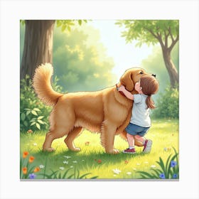 A Playful Golden Retriever With A Child In A Sunlit Garden, Watercolor 1 Canvas Print