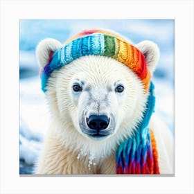 Polar Bear Cub In Brightly Colored Handcrafted Knit Cap And Scarf Contrasts With Its Fluffy White F Canvas Print