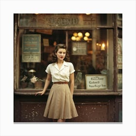 Vintage Inspired Photograph Young Lady Positioned In Three Quarter View Poised Elegantly Beside An Canvas Print