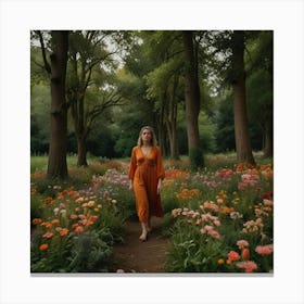 Default A Woman Walks Among Flowers And Trees 0 Canvas Print