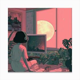 Girl Watching The Moon Canvas Print