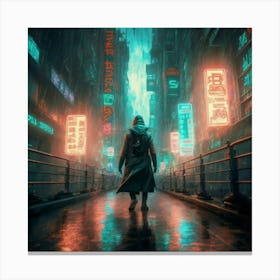 A Gritty Cyberpunk Alleyway Rainsoaked Pavemen Canvas Print