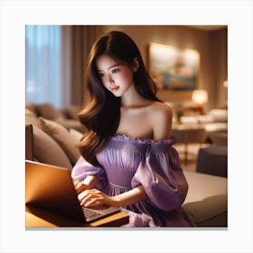 Asian Girl Using Laptop Canvas Print