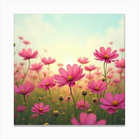 A Field Of Blooming Cosmos Flowers With A Soft, Dreamy Sky Canvas Print