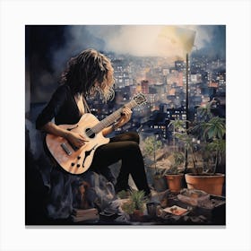 Girl With A Guitar Looking Over City At Night Canvas Print