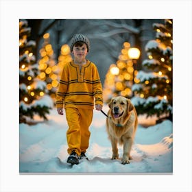 Boy With Dog In The Snow Canvas Print