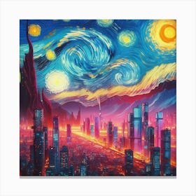 Van Gogh Painted A Starry Night Over A Cyberpunk Cityscape Canvas Print