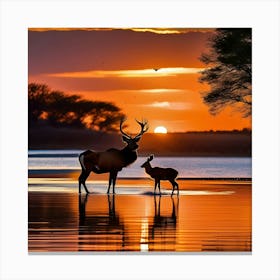 Elk And Deer At Sunset Canvas Print