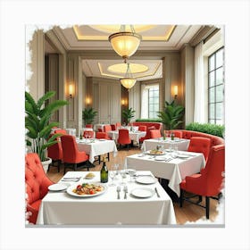 High End Restaurant Interior In Watercolor, With Elegant Tables And Gourmet Dishes Canvas Print