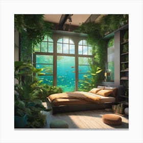 Anime Bedroom Full Of Plants With Giant Window Looking Out Underwater 1 Canvas Print