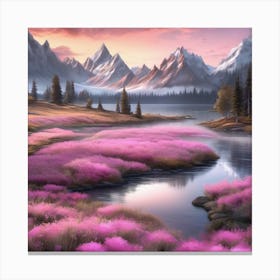 Pink Flowers In The Mountains Soft Expressions Landscape Canvas Print