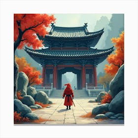 Ninja In A Colorful Watercolor Ancient Temple 1 Canvas Print