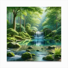 Forest Waterfall Wall Art: A Tranquil Scene with Clear Pond and Lush Greenery for Inspiring Nature Decor Print Art Canvas Print