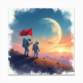 Watercolor Astronauts Planting A Flag On An Alien Planet With Vibrant Skies 1 Canvas Print