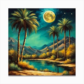 Lunar Oasis: Palms and Reflections in Moonlit Serenity. Canvas Print