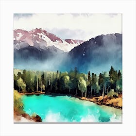 Watercolor Of A Mountain Lake, Banff National Park 1 Canvas Print