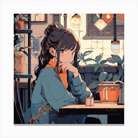 Anime Girl Sitting At A Table Canvas Print