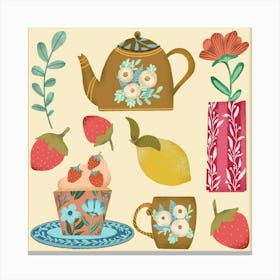 Illustrated Teapots And Flowers morning teatime artwork Canvas Print