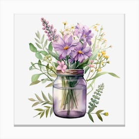 Watercolor Flowers In A Mason Jar Canvas Print