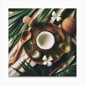 Coconut on a palm leaf 2 Canvas Print