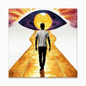 Golden Gate Watercolor depicting a surreal portrait of a man walking along a path leading to an eye-shaped hole in the horizon, against a bright sunset sky, monochrome, shimmering gold accenting the path., illustration, photo, 3d render, painting, portrait photography Canvas Print