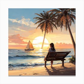 Sunset And A Woman Sitting On The Seashore Canvas Print