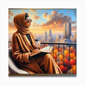 Positive Energy: A Vibrant Painting of a Woman Reading on a Balcony Canvas Print