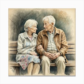 Old Couple Sitting On Bench Canvas Print