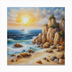 Oil painting design on canvas. Sandy beach rocks. Waves. Sailboat. Seagulls. The sun before sunset.45 Canvas Print