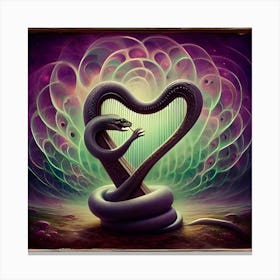 A Hypnotic Snake Playing A Silver Harp, Inspired By The Dreamlike Paintings Of Hieronymus Bosch, With A Mystical Purple And Green Palette, Where The Snake Is In Focus And The Surrounding Landscape Is Blurred Into Dreamlike Shapes, 2 Canvas Print