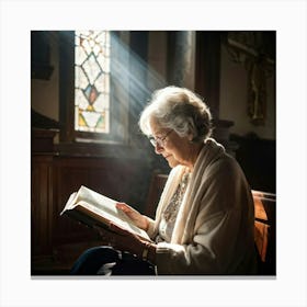 An Elderly Woman Of Faith Dressed In A White Cardigan Is Absorbed In Reading The Holy Bible Her H 2 1 Canvas Print