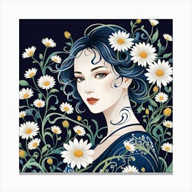 Daisy In The Daisy Garden, Deep Blue, White & Yellow Canvas Print