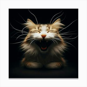 A ginger and white cat with a huge smile on its face is sitting in the dark with its eyes closed and its whiskers spread out in a dramatic fashion Canvas Print