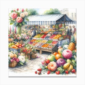 Lively and Charming - Watercolor Painting of a Flower and Fruit Market 1 Canvas Print