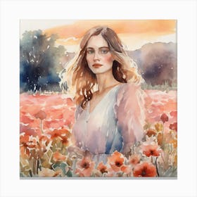 Watercolor Of A Girl In A Field Of Poppies Canvas Print