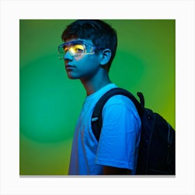 Portrait Of An 18 Year Old Boy Transparent Glasses Resting On Nose Bridge Light Blue T Shirt Side Canvas Print