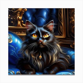 Black Cat In A Blue Chair Canvas Print