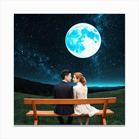 Couple Sitting On Bench Under The Moon Canvas Print